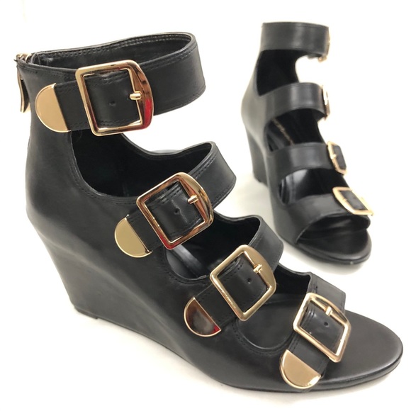 BCBGeneration Shoes - BCBGENERATION Sz 8 Strappy Black Leather Wedge Heel Shootie Sandals